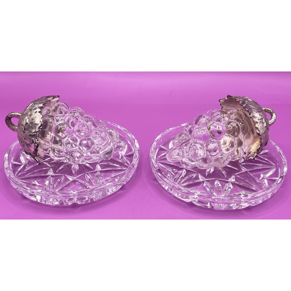 Vintage Glass Grapes Salt & Pepper Shakers With Glass Plates